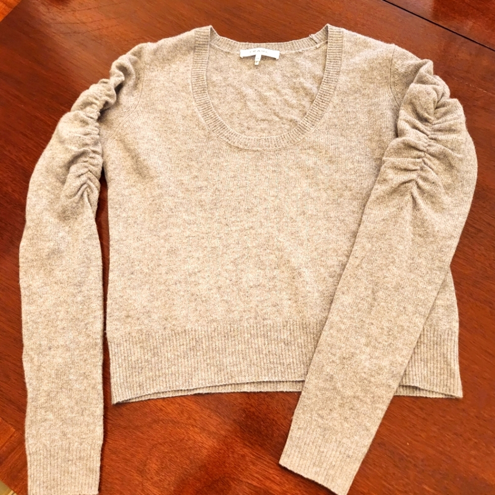 FRAME Ruched Sleeve 100% Cashmere Sweater Large